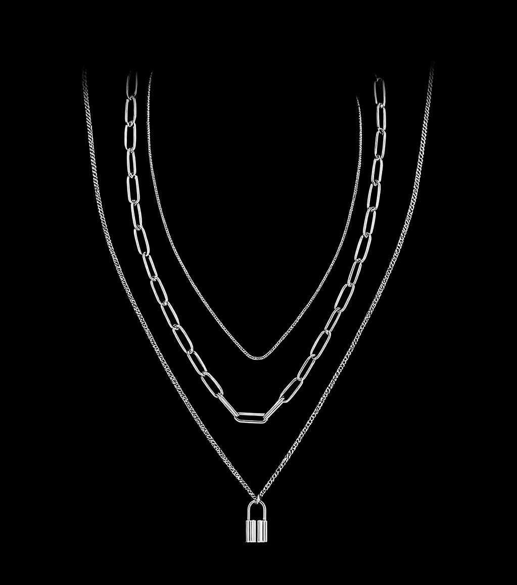 Silver Layered Lock Pendant Necklace - Modern Statement Piece