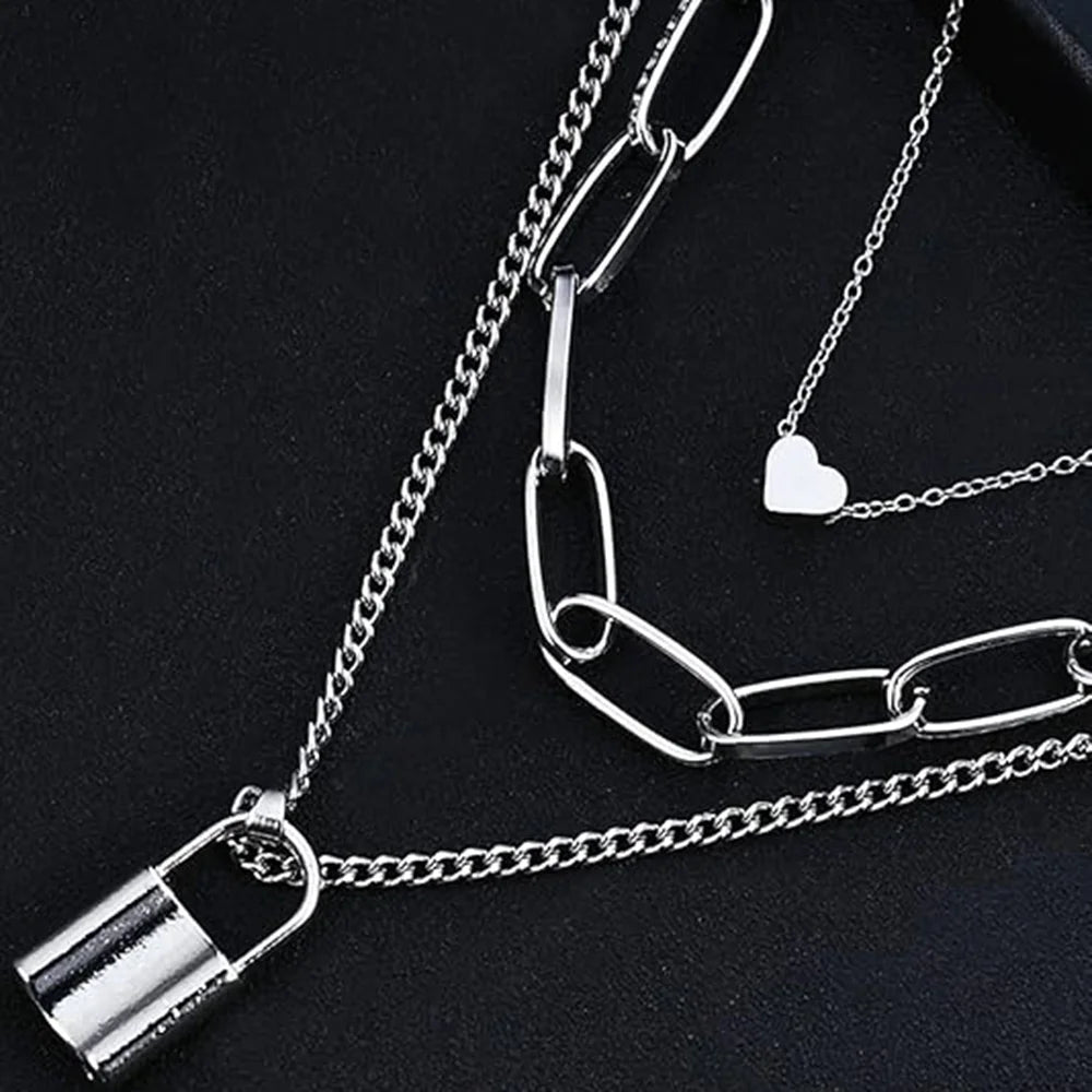 Silver Layered Lock Pendant Necklace - Modern Statement Piece