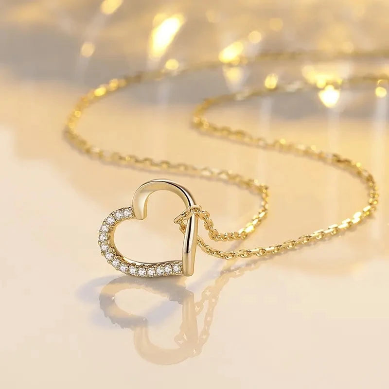 S925 Sterling Silver Fine Chains Necklace Women Light Luxury Heart-Shape Pendant Half Set Diamond Simple Tempered Necklace