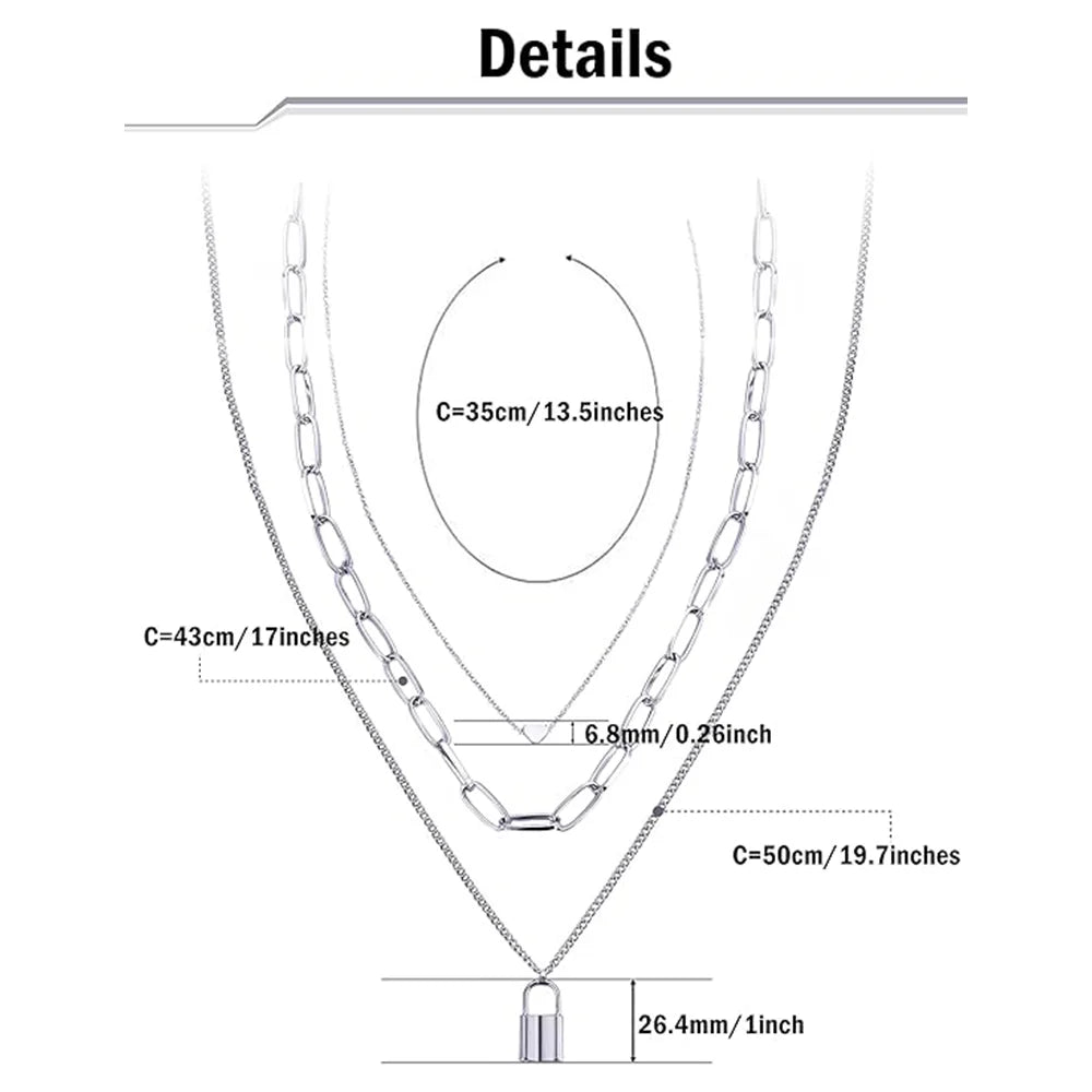 Silver Layered Lock Pendant Necklace - Modern Statement Piece