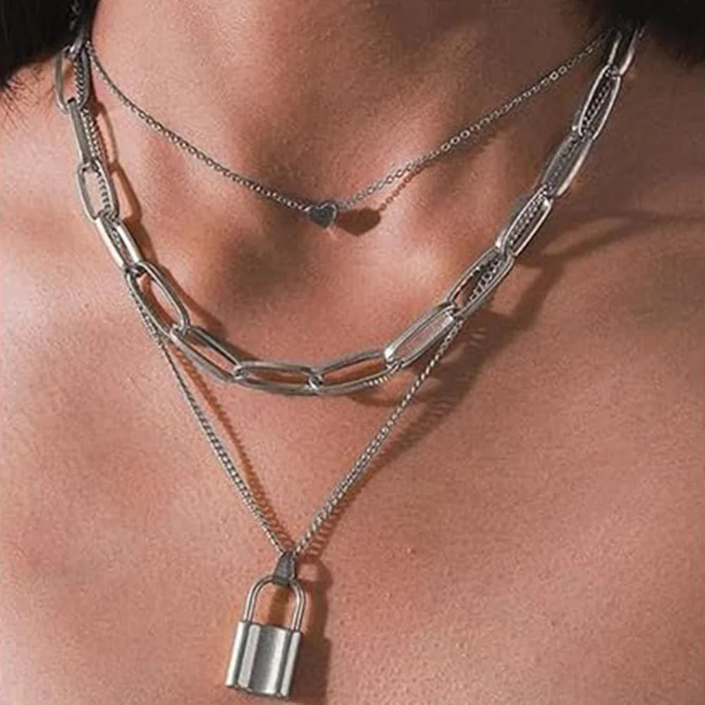 Silver Layered Lock Pendant Necklace - Modern Statement Piece